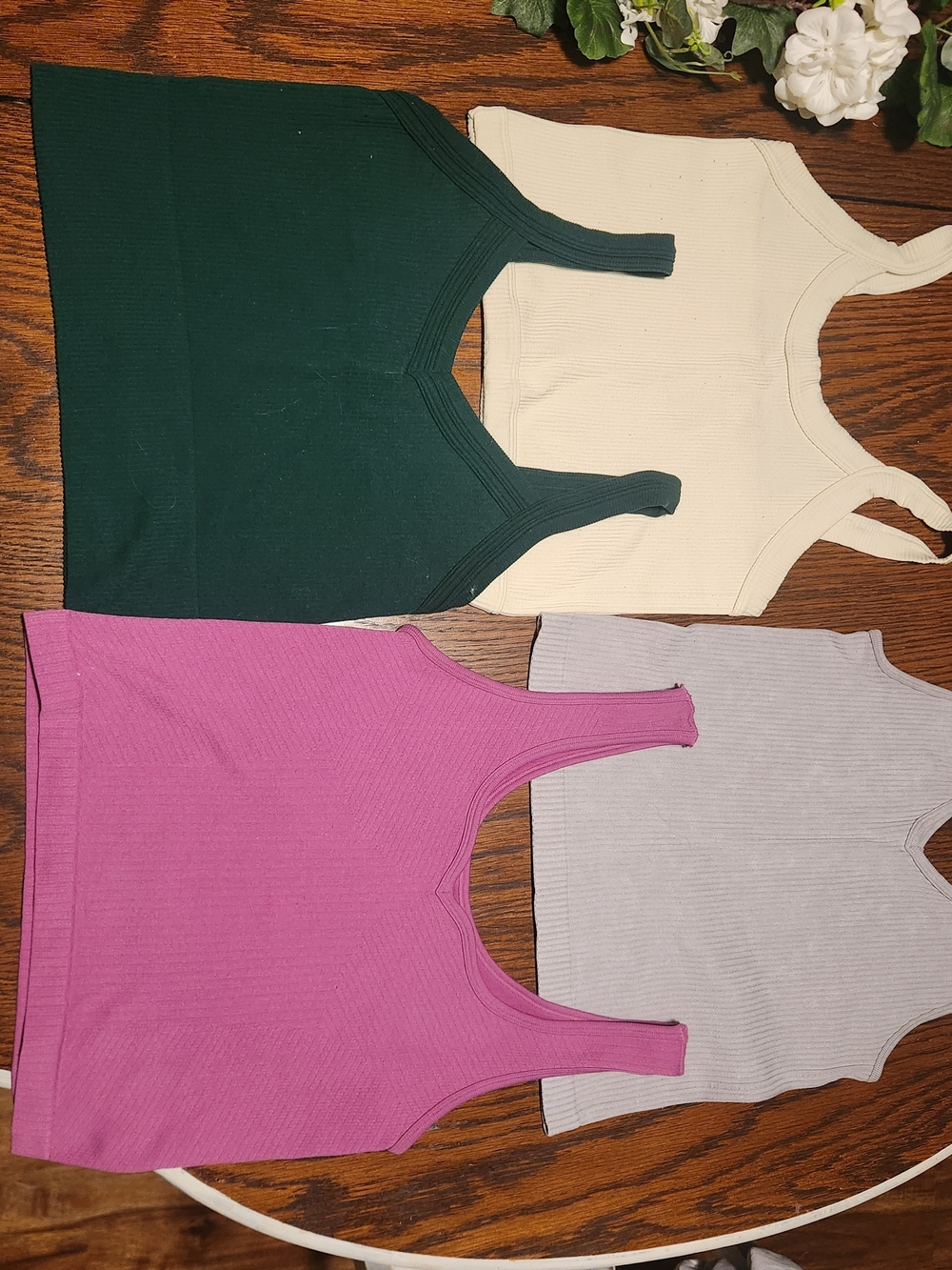 4 Ribbed Tank Tops- Pink(S/M), Cream(M/L), Dark Green(M/L), Light Gray(L/XL)